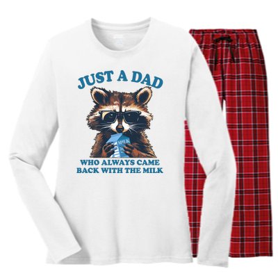 Funny Fathers Day Just A Dad Who Always Came Back With The Milk Raccoon Women's Long Sleeve Flannel Pajama Set 