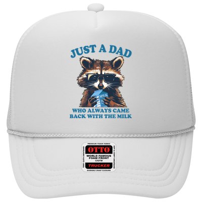 Funny Fathers Day Just A Dad Who Always Came Back With The Milk Raccoon Trucker Hat