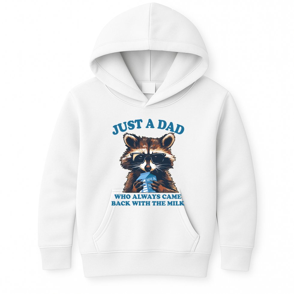 Funny Fathers Day Just A Dad Who Always Came Back With The Milk Raccoon Kids Hoodie