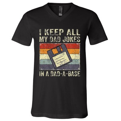 Funny Father's Day Daddy Jokes in Dadabase Vintage Retro V-Neck T-Shirt