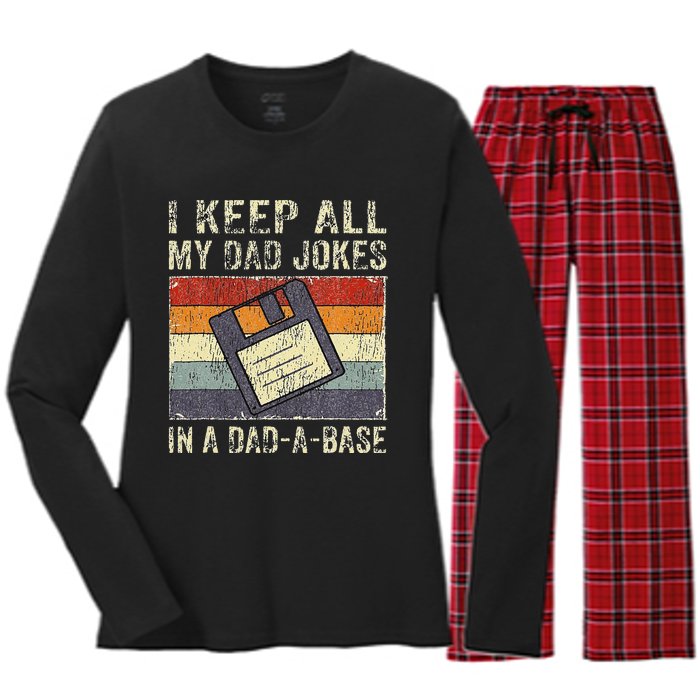 Funny Father's Day Daddy Jokes in Dadabase Vintage Retro Women's Long Sleeve Flannel Pajama Set 