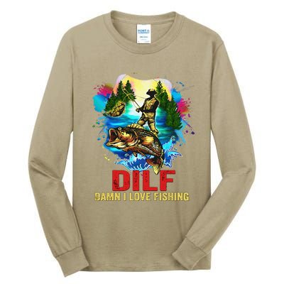 Funny Fishing DILF Damn I Love Fishing Addict Tall Long Sleeve T-Shirt