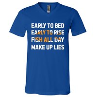 Funny Fishing Early To Bed Early To Rise Fish All Day Make Up Lies V-Neck T-Shirt