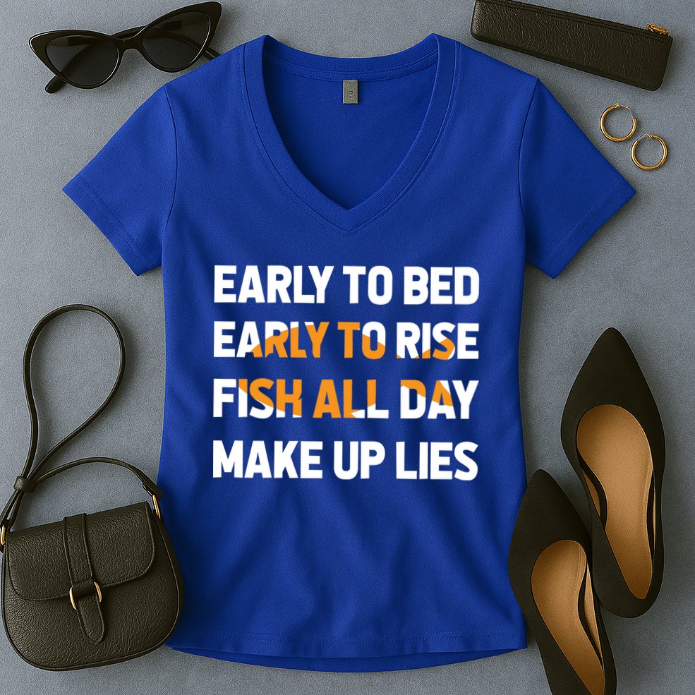 Funny Fishing Early To Bed Early To Rise Fish All Day Make Up Lies Women's V-Neck T-Shirt