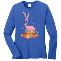 Funny Flamingo Easter Bunny Easter Egg Basket Gift Ladies Long Sleeve Shirt