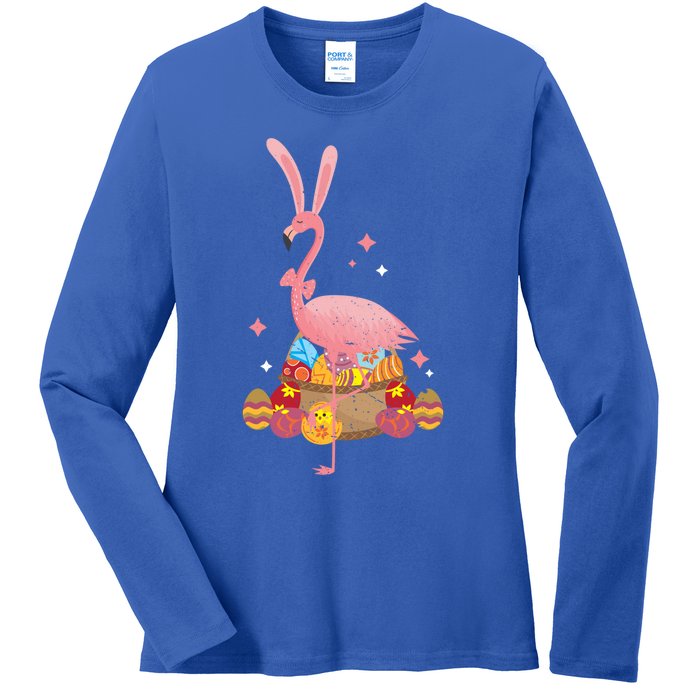 Funny Flamingo Easter Bunny Easter Egg Basket Gift Ladies Long Sleeve Shirt