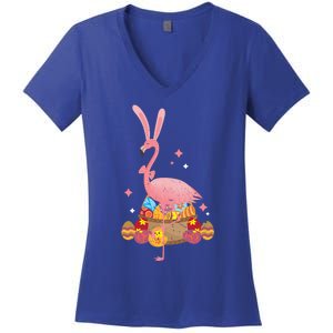 Funny Flamingo Easter Bunny Easter Egg Basket Gift Women's V-Neck T-Shirt