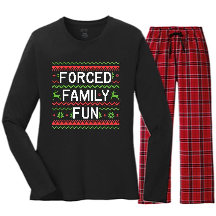 Family Forced Fun Funny Sarcastic Christmas Pajama Family  Women's Long Sleeve Flannel Pajama Set 