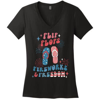 Flip Flops Fireworks & Freedom 4th Of July Women's V-Neck T-Shirt