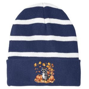 Feral Fall For Raccoon And Pumpkin Spice Lovers Striped Beanie with Solid Band