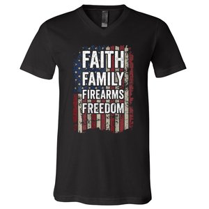 Faith Family Firearms & Freedom - Pro God Guns USA (ON BACK) V-Neck T-Shirt