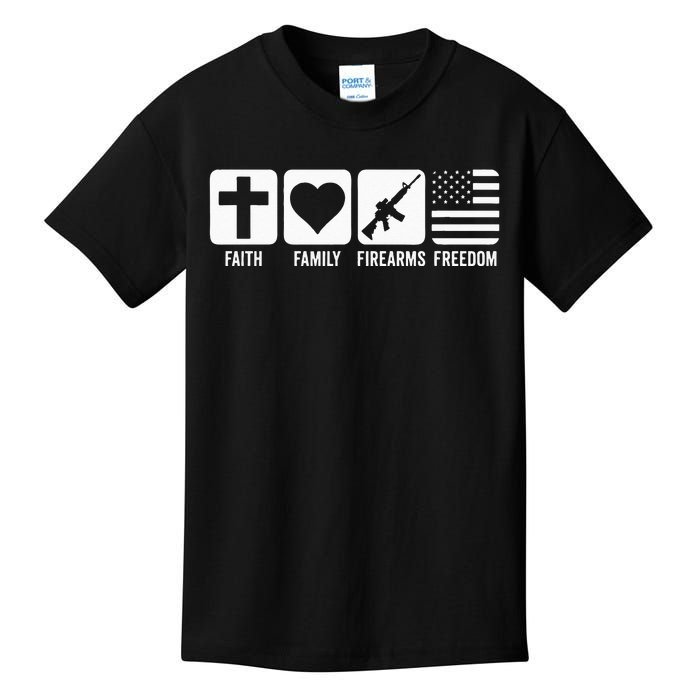 Faith Family Firearms & Freedom USA Flag Pro God & Guns Kids T-Shirt