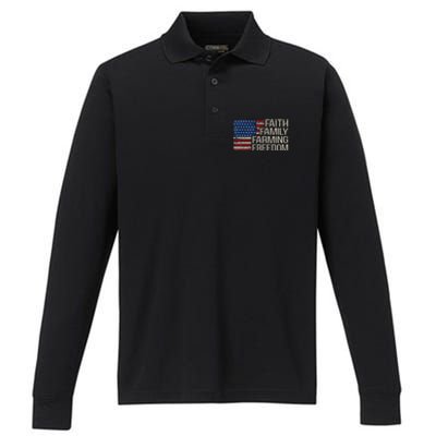 Faith Family Farming Freedom American Flag Performance Long Sleeve Polo