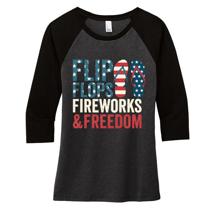 Flip Flops Fireworks & Freedom Fourth Of July Women's Tri-Blend 3/4-Sleeve Raglan Shirt