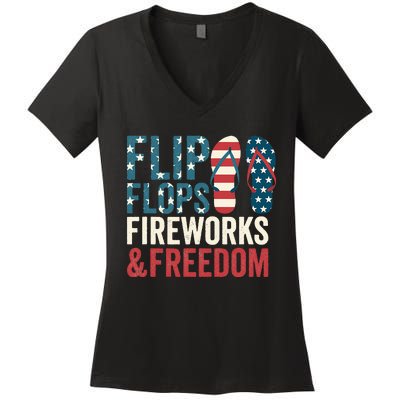 Flip Flops Fireworks & Freedom Fourth Of July Women's V-Neck T-Shirt