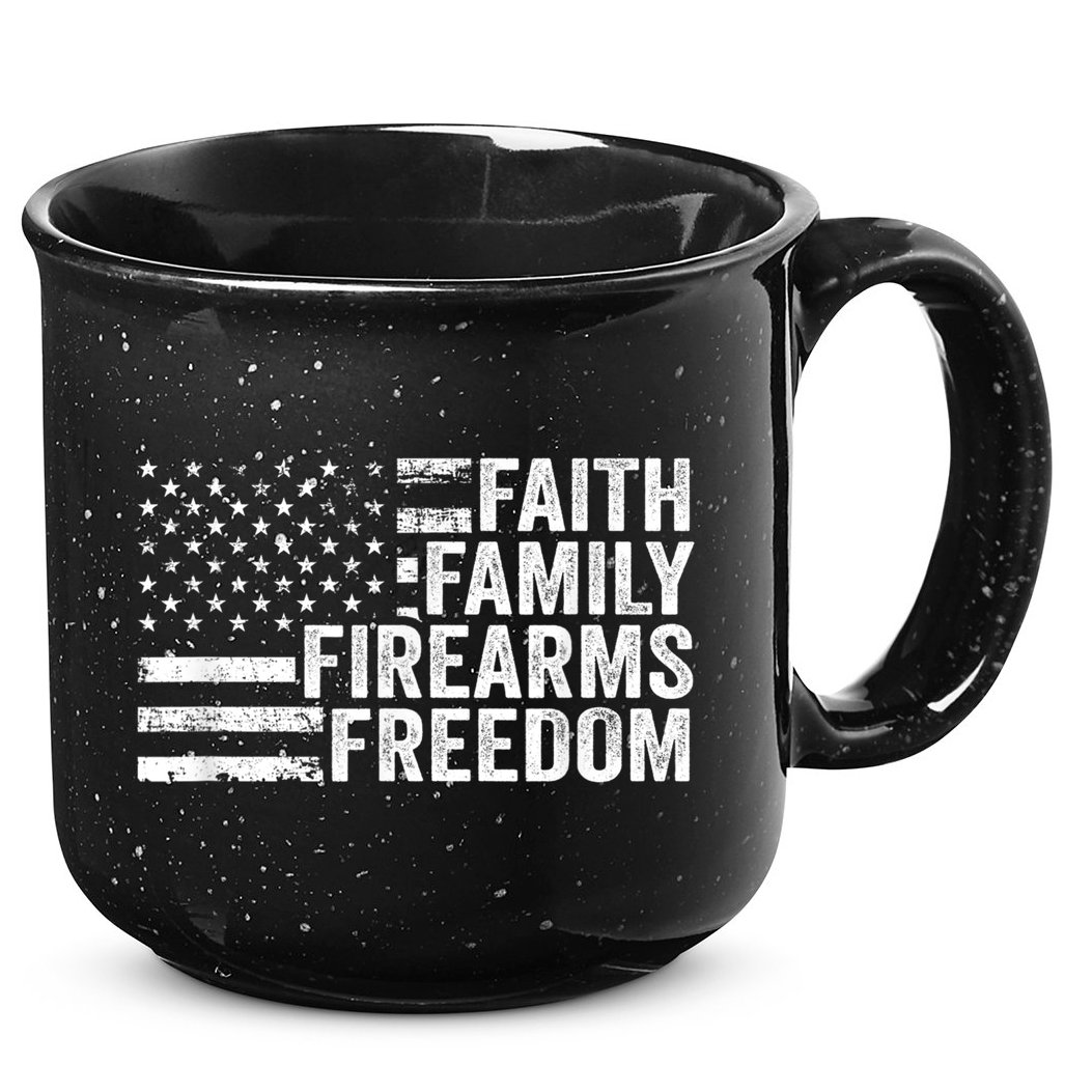 Faith Family Firearms & Freedom Pro God Guns American Flag 15oz Campfire Ceramic Mug