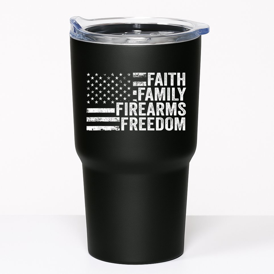 Faith Family Firearms & Freedom Pro God Guns American Flag Tumbler