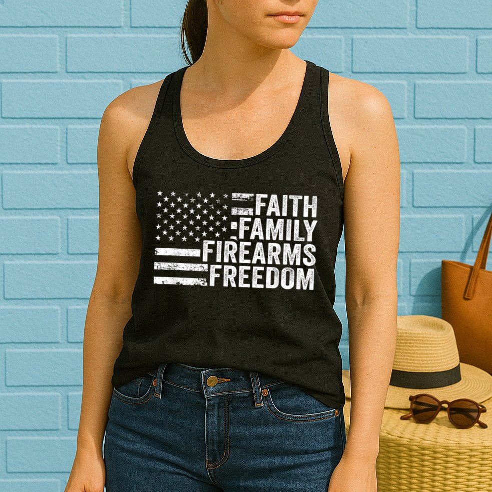 Faith Family Firearms & Freedom Pro God Guns American Flag Womens Tank Top