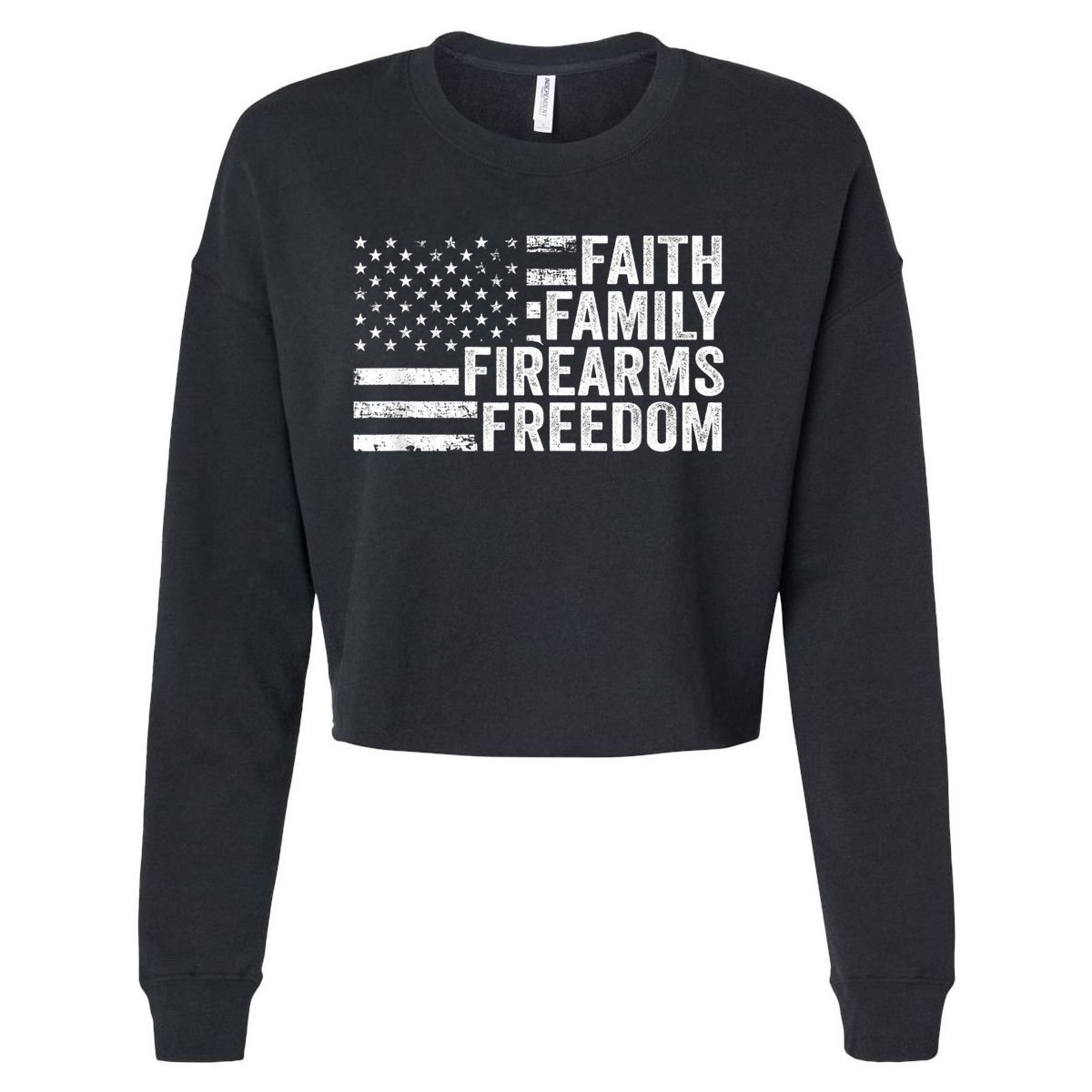 Faith Family Firearms & Freedom Pro God Guns American Flag Cropped Pullover Crew