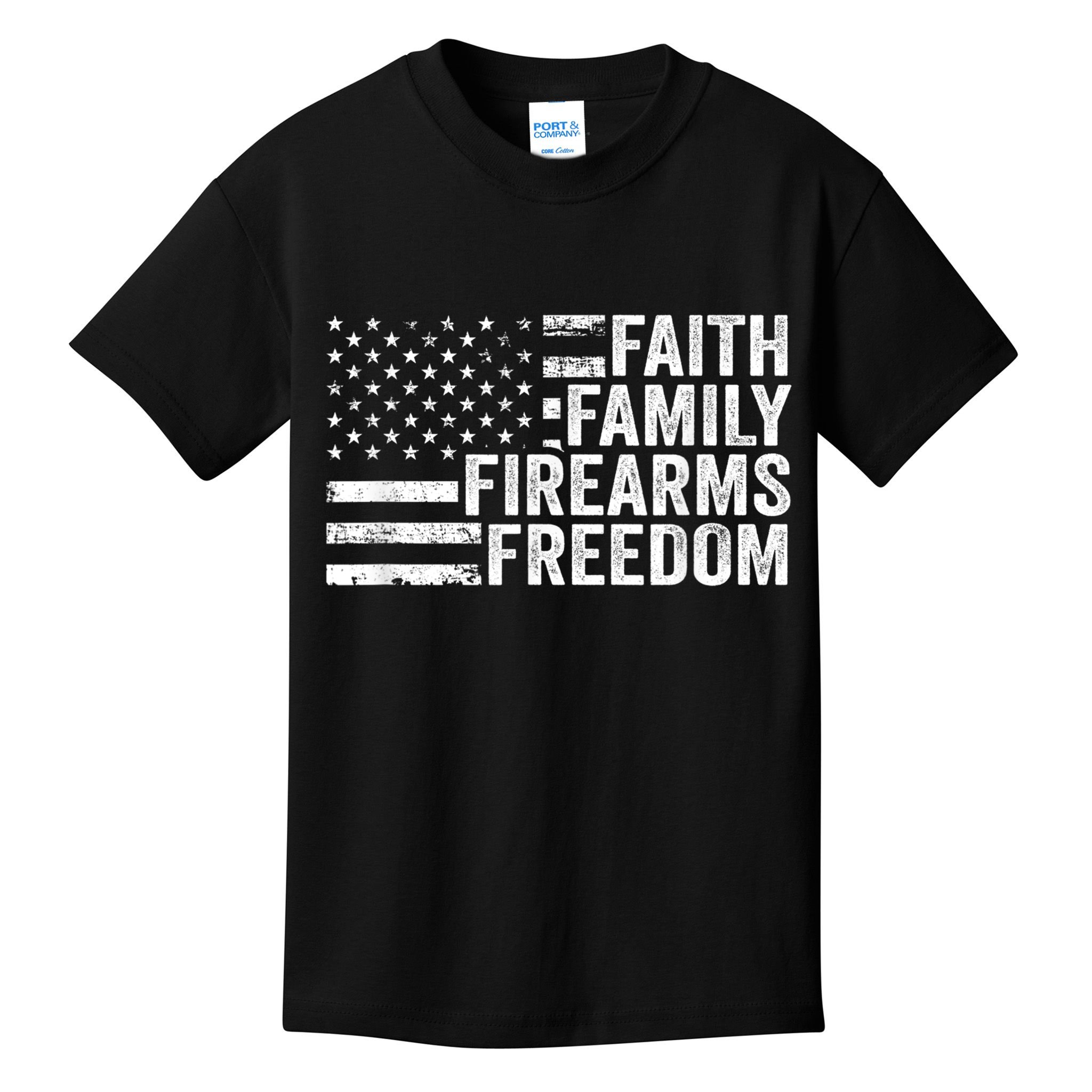 Faith Family Firearms & Freedom Pro God Guns American Flag Kids T-Shirt