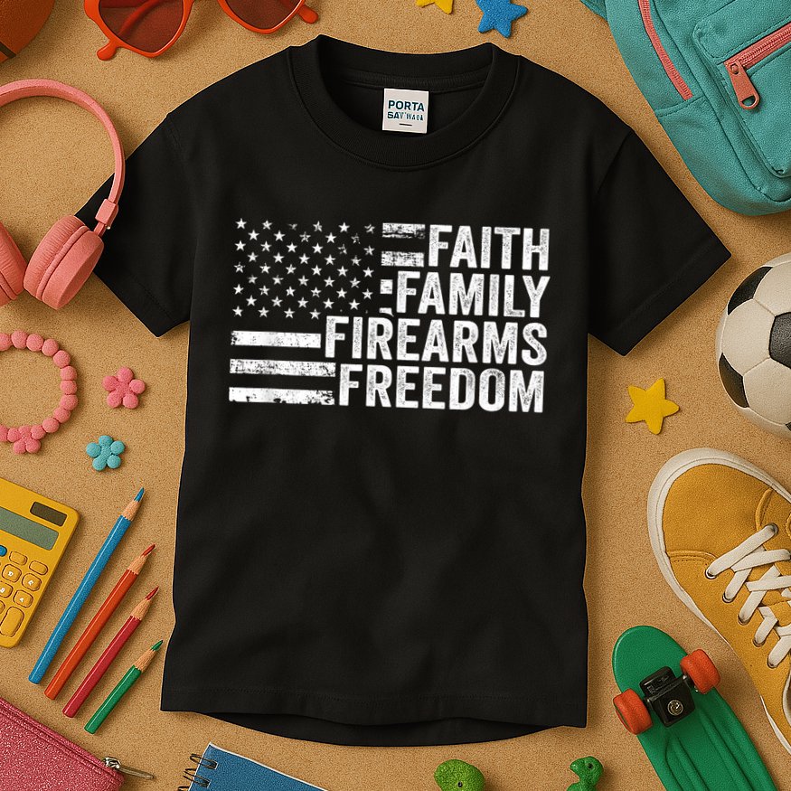 Faith Family Firearms & Freedom Pro God Guns American Flag Kids T-Shirt
