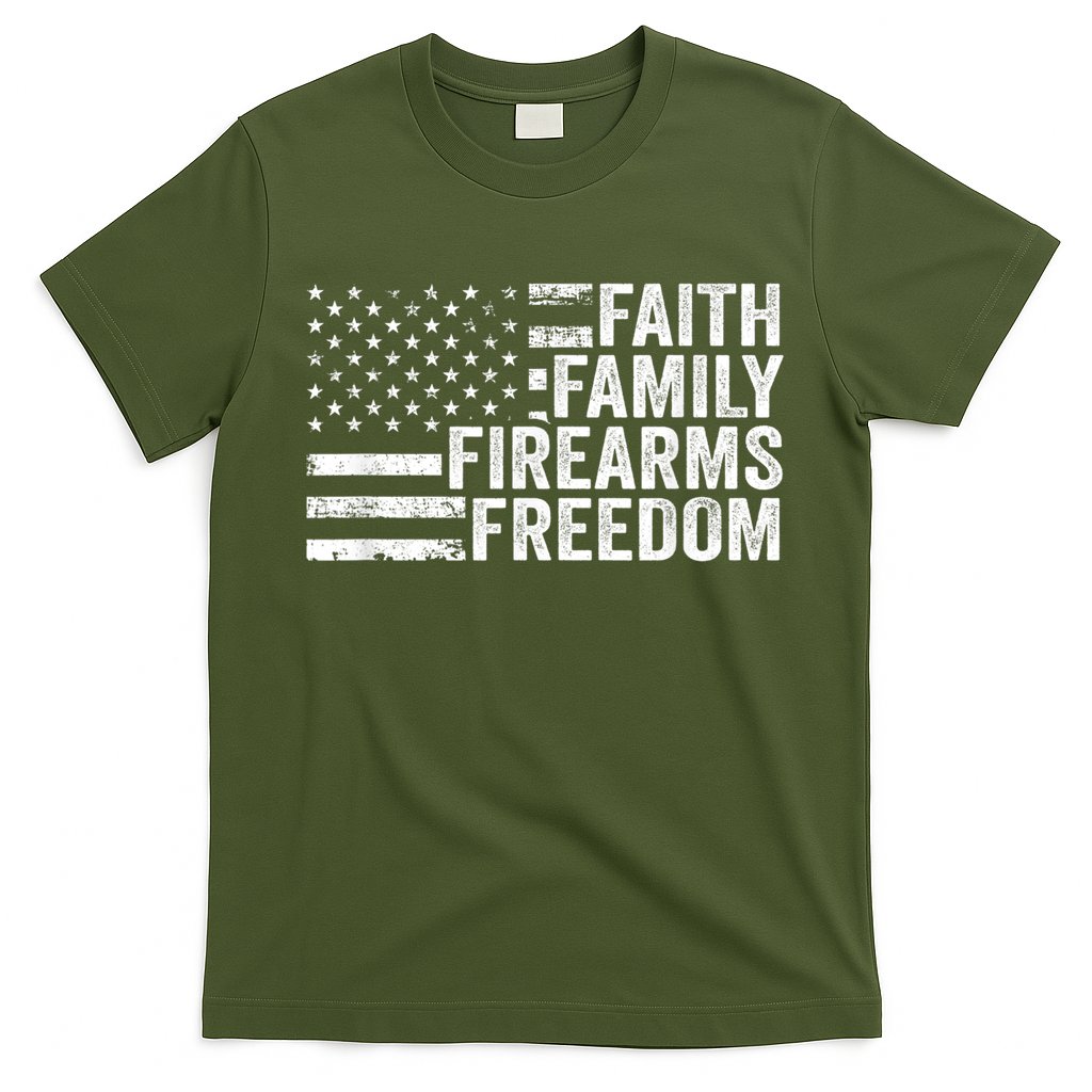 Faith Family Firearms & Freedom Pro God Guns American Flag T-Shirt