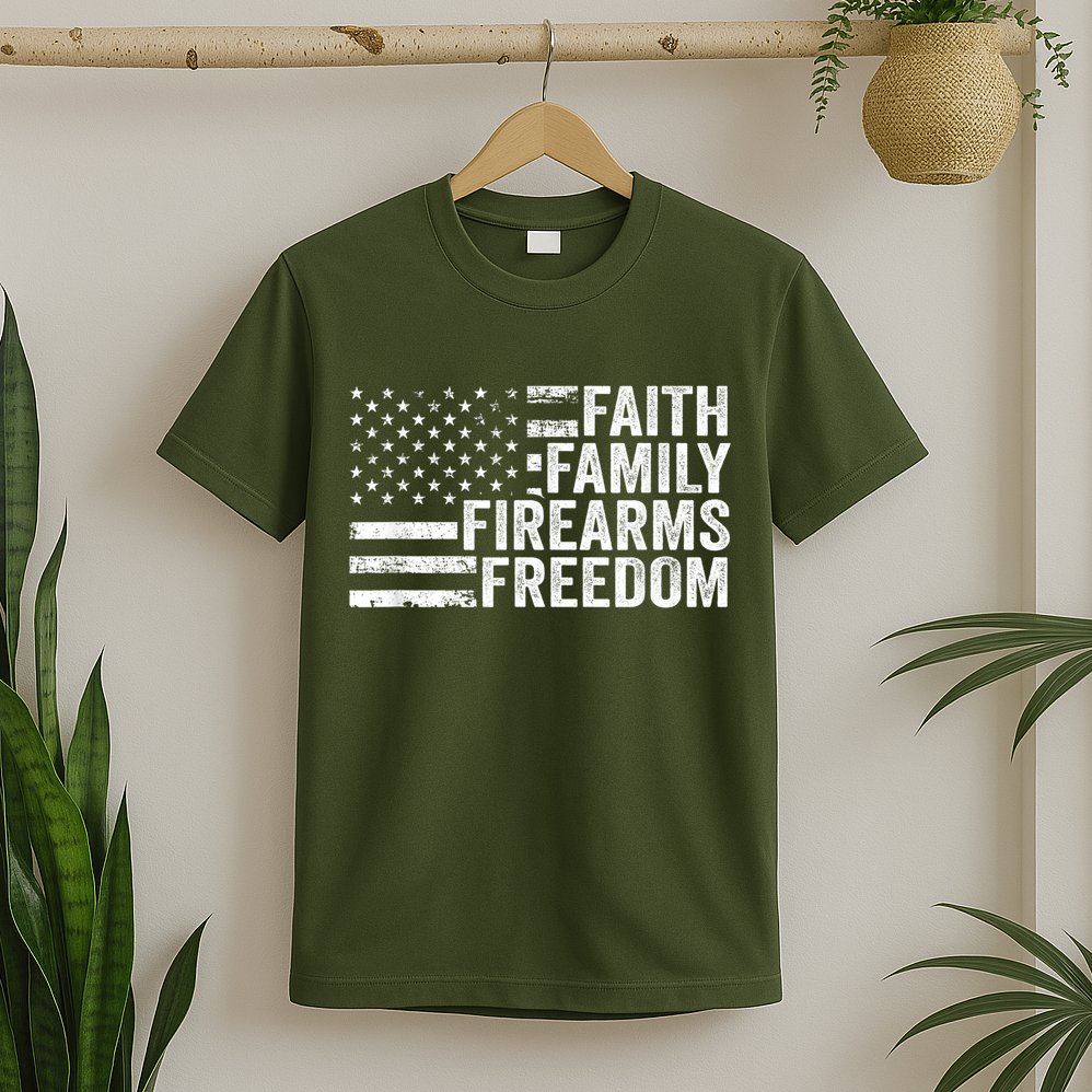 Faith Family Firearms & Freedom Pro God Guns American Flag T-Shirt