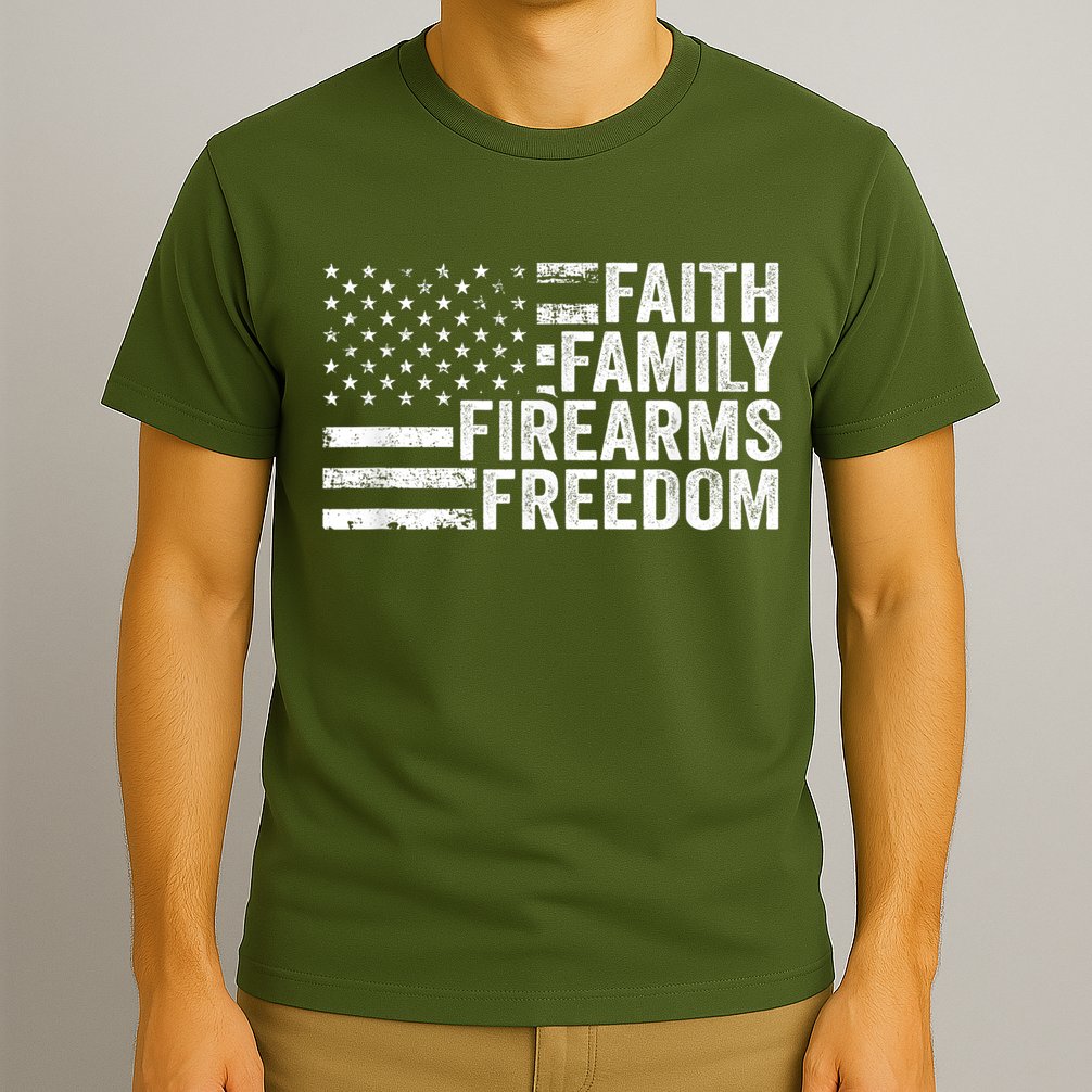 Faith Family Firearms & Freedom Pro God Guns American Flag T-Shirt