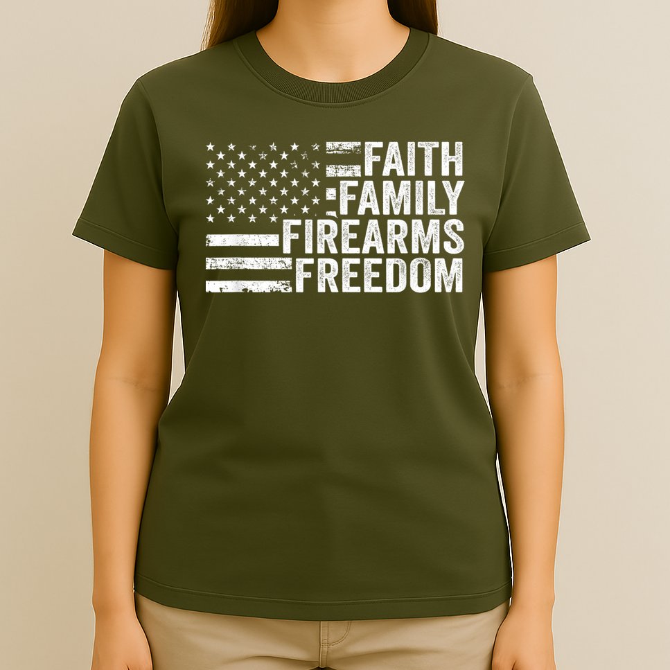 Faith Family Firearms & Freedom Pro God Guns American Flag T-Shirt
