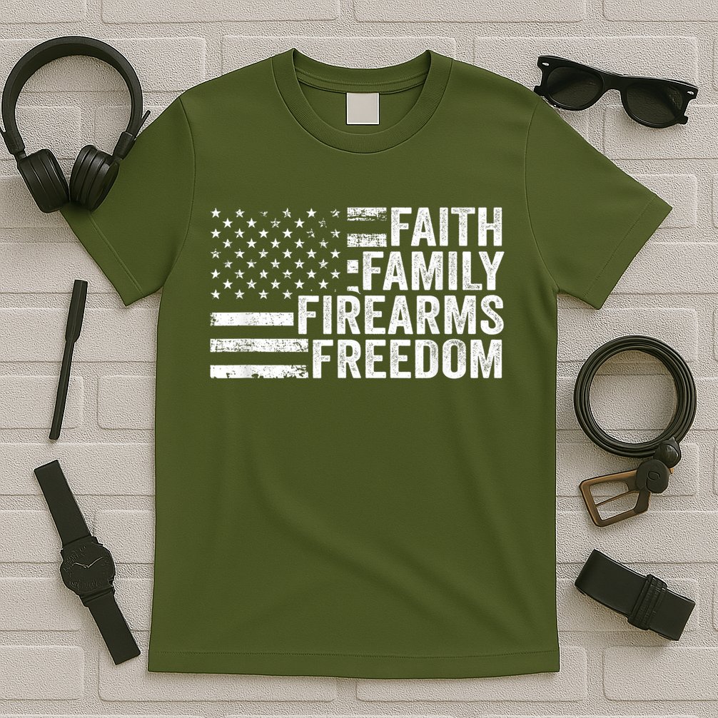 Faith Family Firearms & Freedom Pro God Guns American Flag T-Shirt
