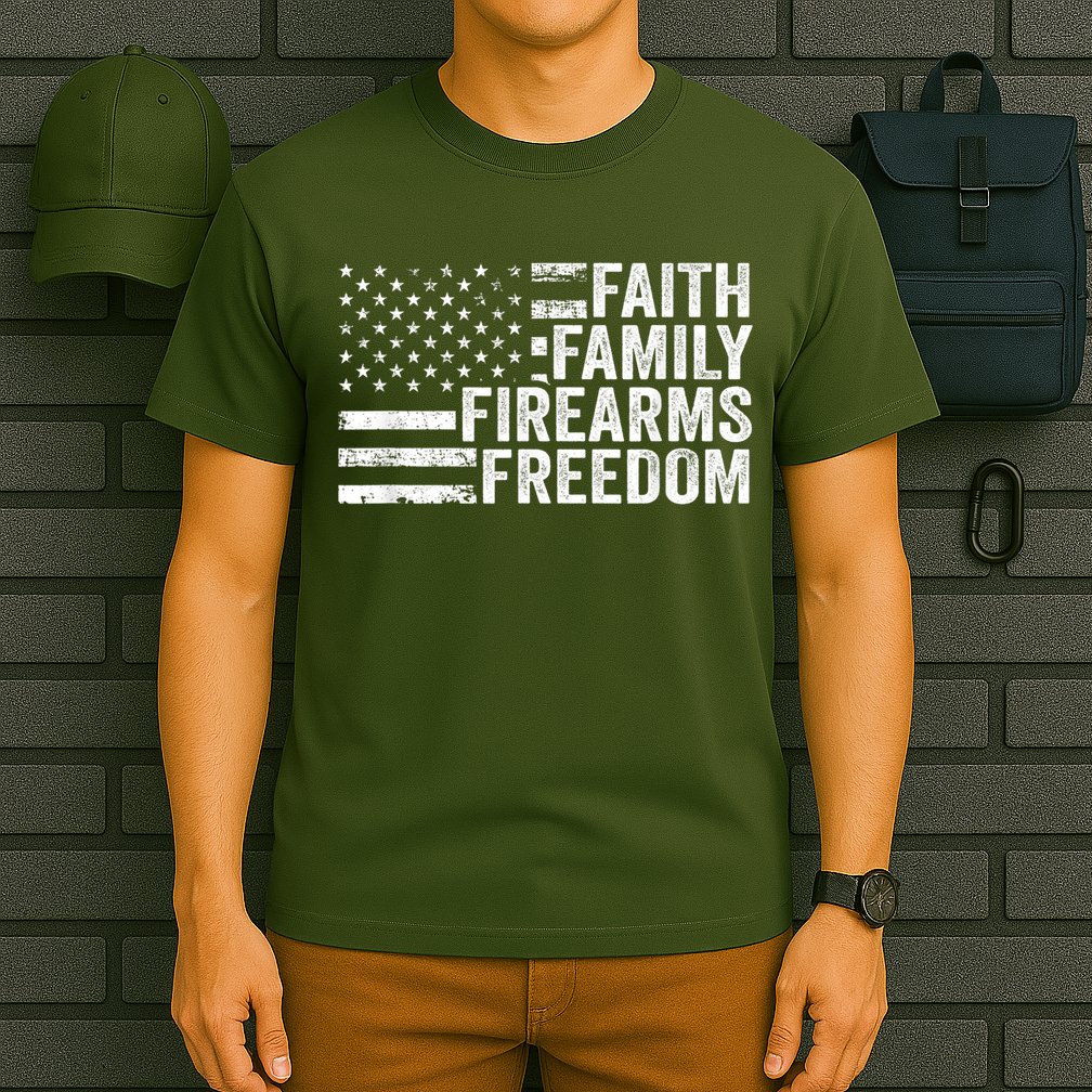 Faith Family Firearms & Freedom Pro God Guns American Flag T-Shirt
