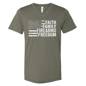 Faith Family Firearms & Freedom Pro God Guns American Flag V-Neck T-Shirt