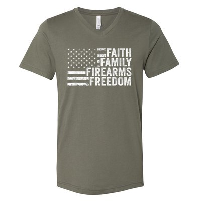 Faith Family Firearms & Freedom Pro God Guns American Flag V-Neck T-Shirt