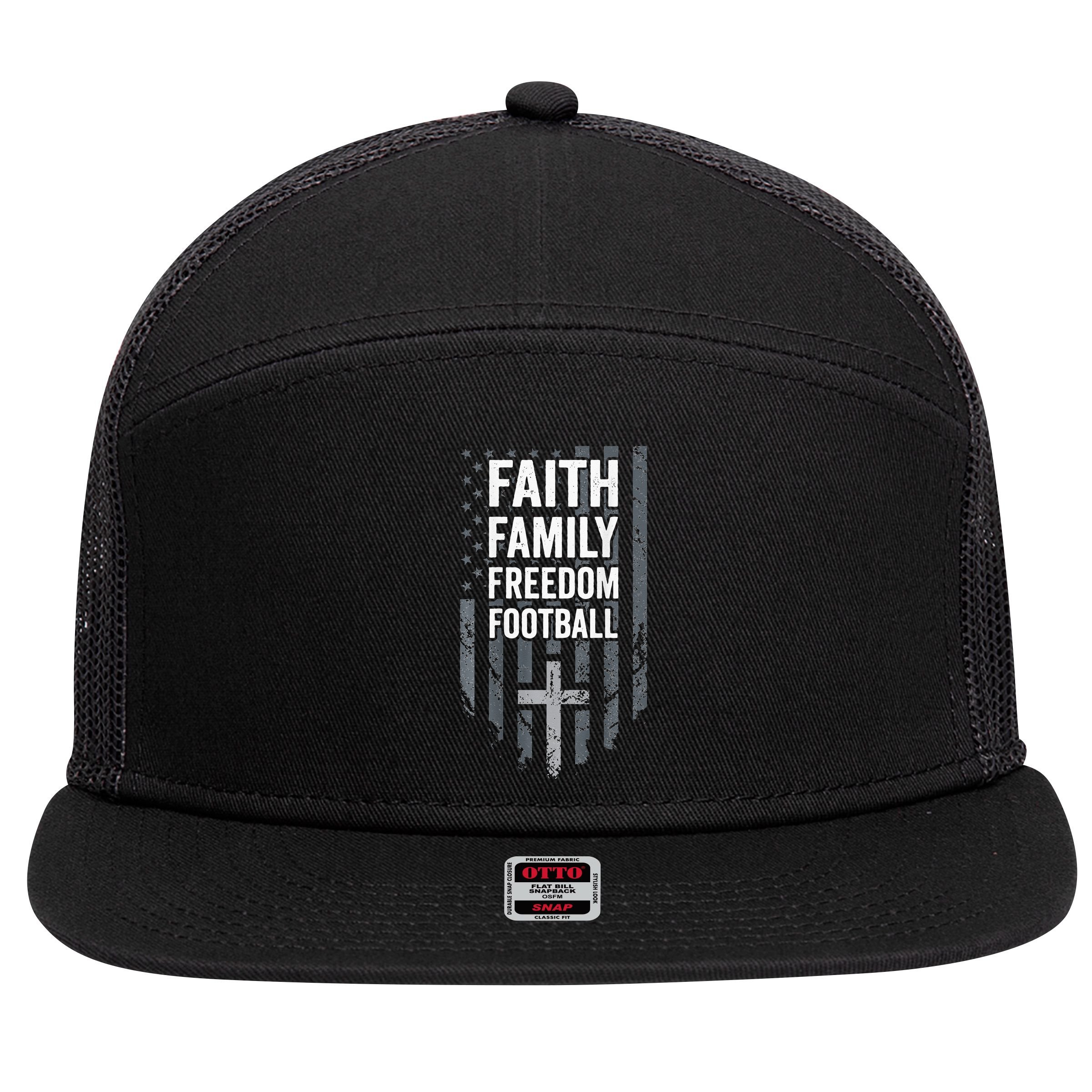 Faith Family Freedom Football USA Cross Flag ON BACK 7 Panel Mesh Trucker Snapback Hat