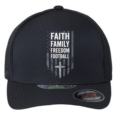 Faith Family Freedom Football USA Cross Flag ON BACK Flexfit Unipanel Trucker Cap