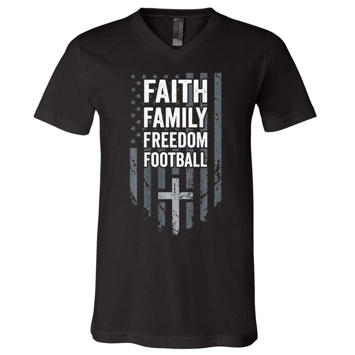 Faith Family Freedom Football USA Cross Flag ON BACK V-Neck T-Shirt