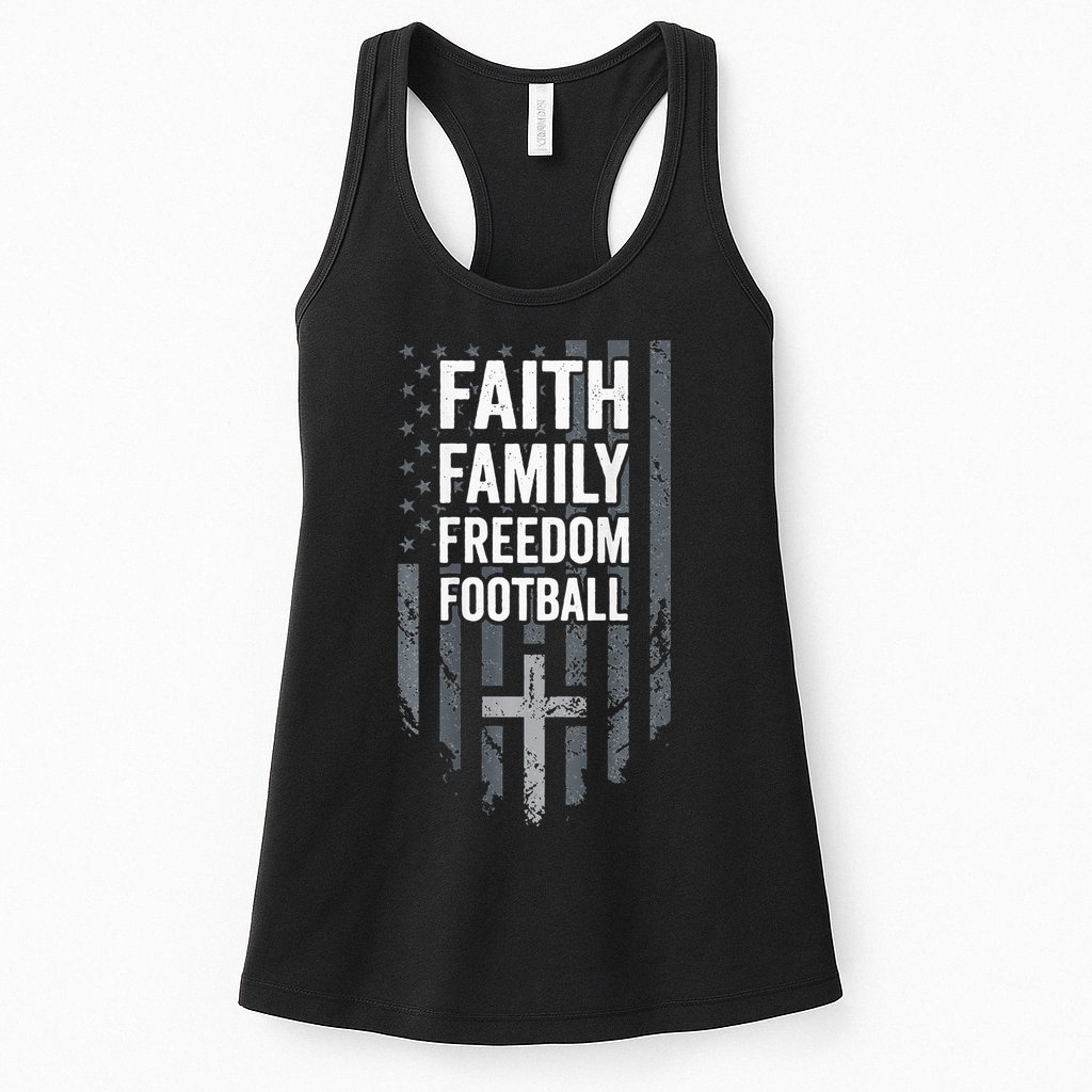 Faith Family Freedom Football USA Cross Flag ON BACK Womens Tank Top