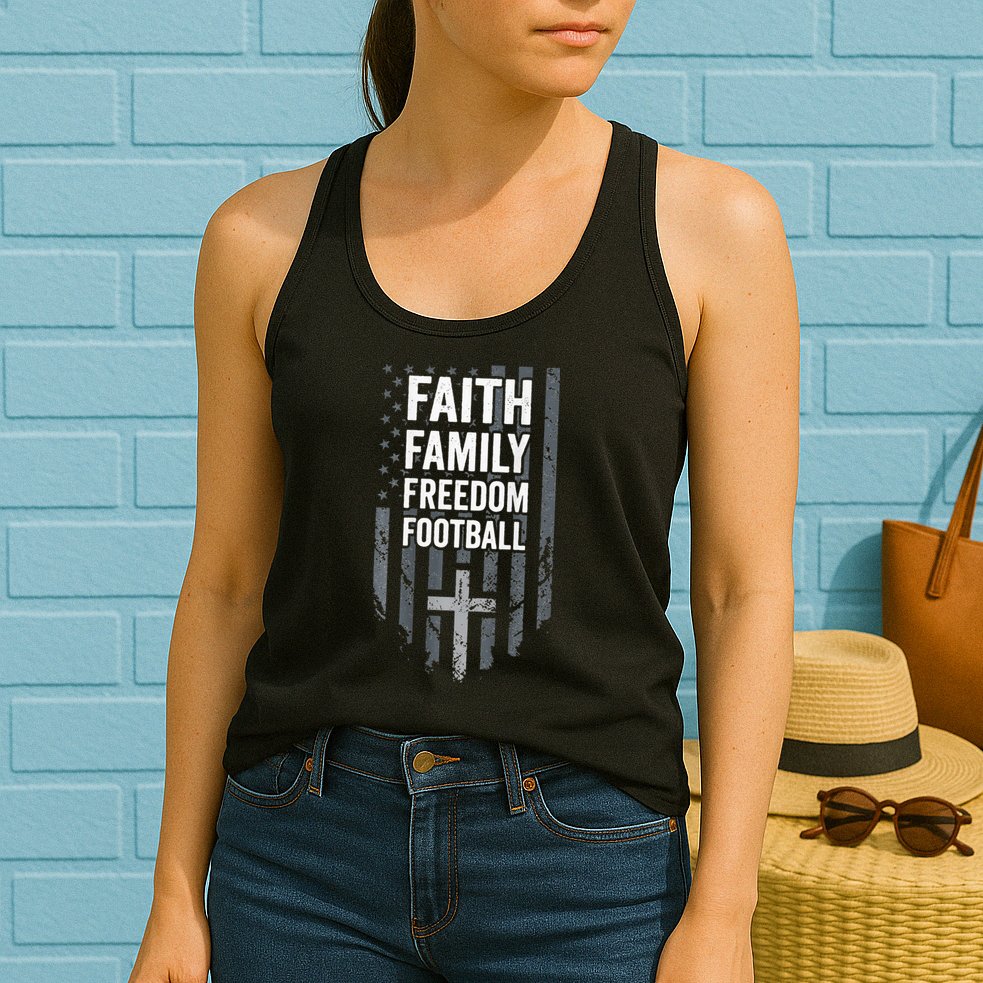 Faith Family Freedom Football USA Cross Flag ON BACK Womens Tank Top