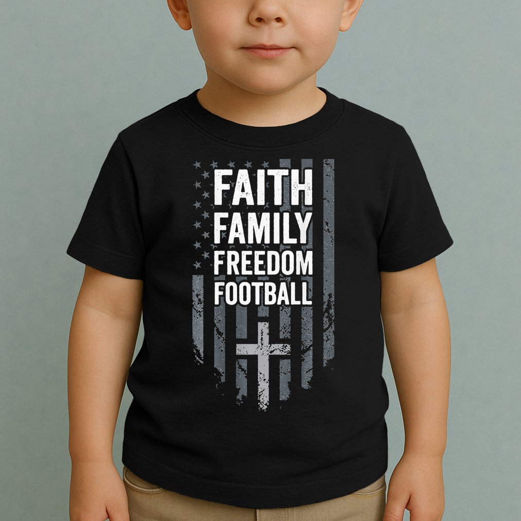Faith Family Freedom Football USA Cross Flag ON BACK Toddler T-Shirt