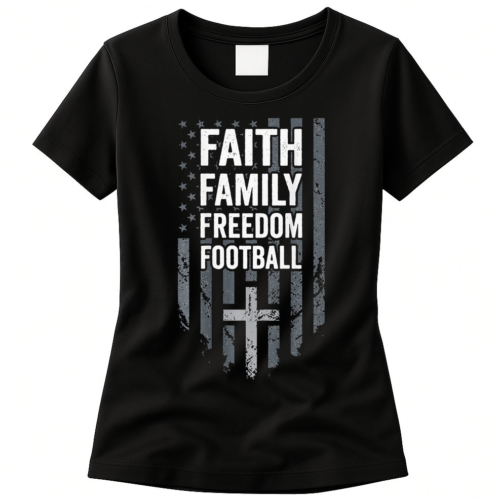 Faith Family Freedom Football USA Cross Flag ON BACK Womens T-Shirt