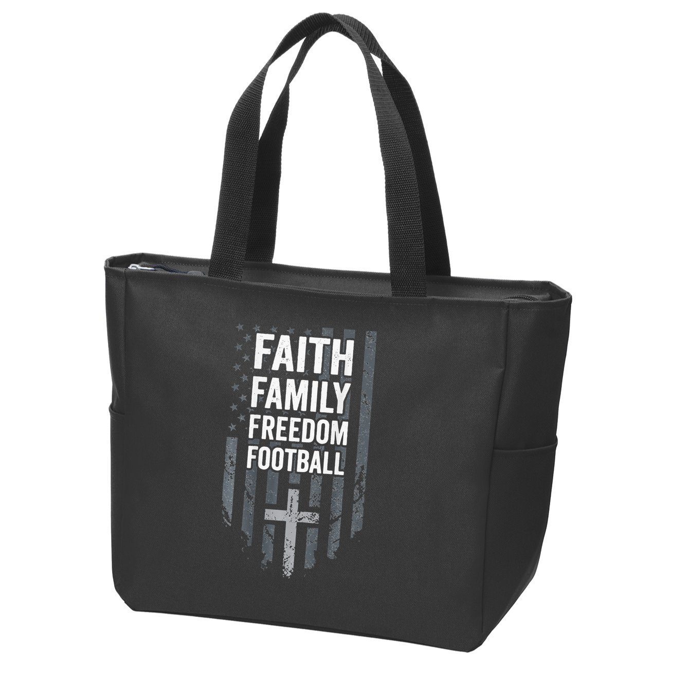 Faith Family Freedom Football USA Cross Flag ON BACK Zip Tote Bag