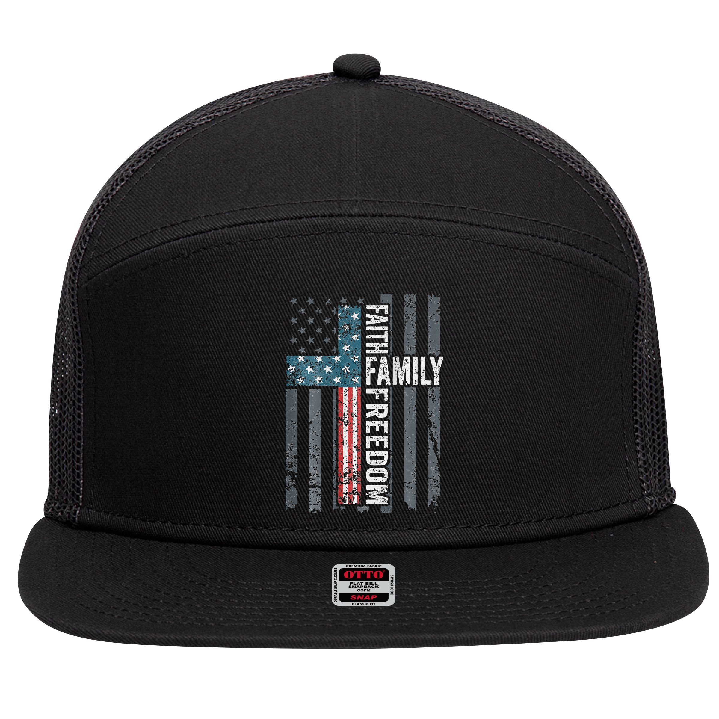 Faith Family Freedom Christian USA Cross Flag 7 Panel Mesh Trucker Snapback Hat