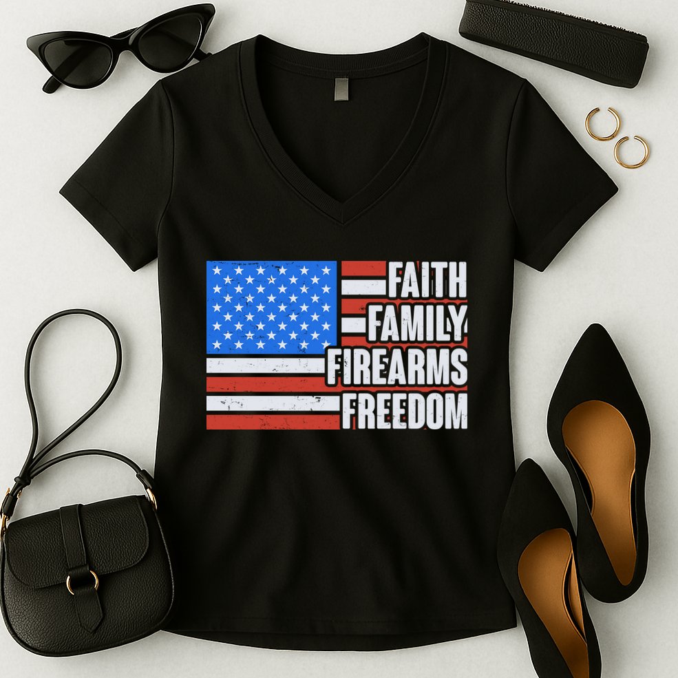 Faith Family Firearms Freedom Women's V-Neck T-Shirt