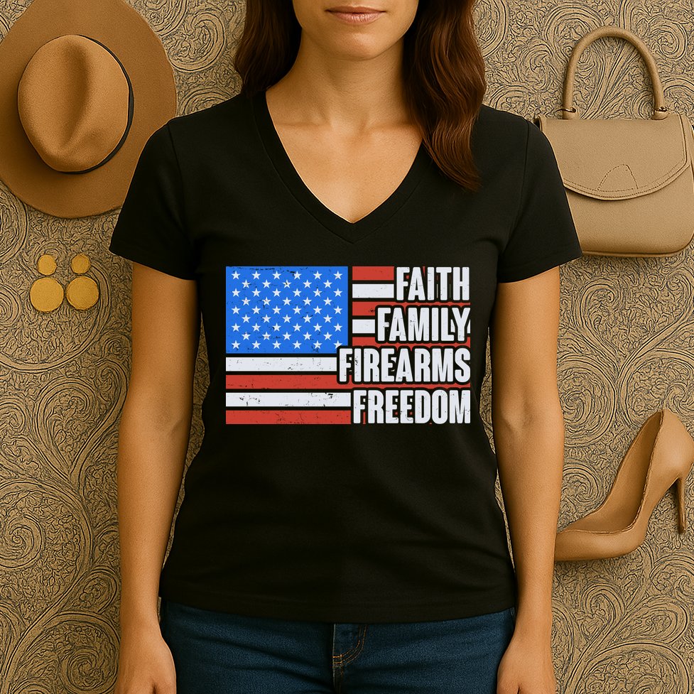 Faith Family Firearms Freedom Women's V-Neck T-Shirt