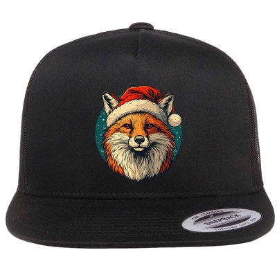 Funny Fox Face With Xmas Hat For Festive Days With Family Flat Bill Trucker Hat