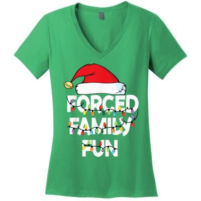 Forced Family Fun With Santa Red Hat Christmas Pajamas Women's V-Neck T-Shirt