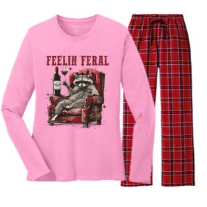 Feeling Feral Funny Raccoon Design Women's Long Sleeve Flannel Pajama Set 