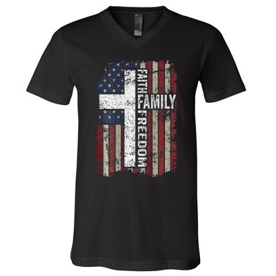 Faith Family Freedom Christian Vintage Usa Flag V-Neck T-Shirt