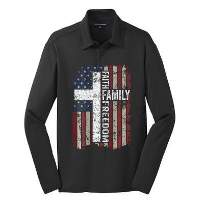 Faith Family Freedom Christian Vintage Usa Flag Silk Touch Performance Long Sleeve Polo