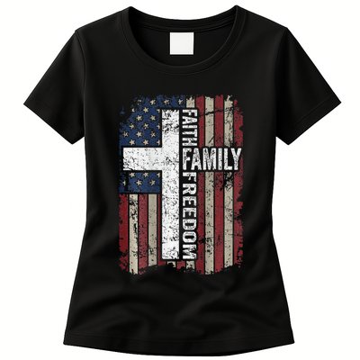 Faith Family Freedom Christian Vintage Usa Flag Womens T-Shirt